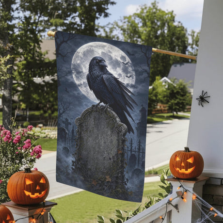 Raven perched on a moonlit cemetery tombstone on garden flags, product view 5