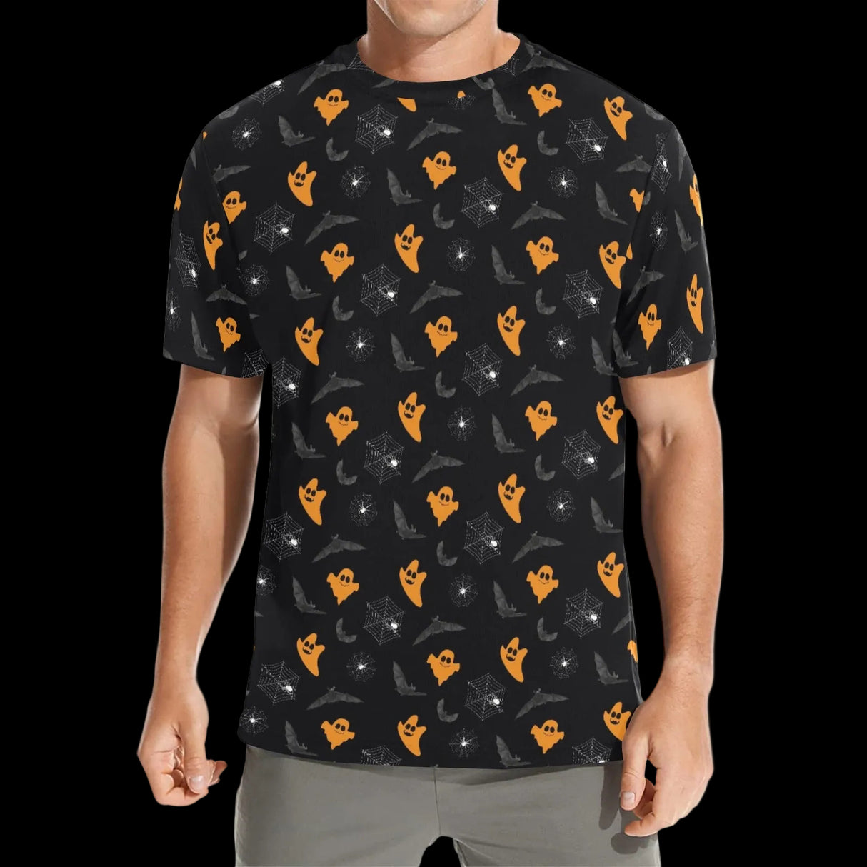 White ghosts and orange jack-o'-lanterns repeating on black on men's t-shirts, product view 4