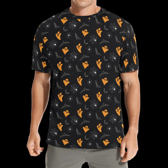 White ghosts and orange jack-o'-lanterns repeating on black on men's t-shirts, product view 4