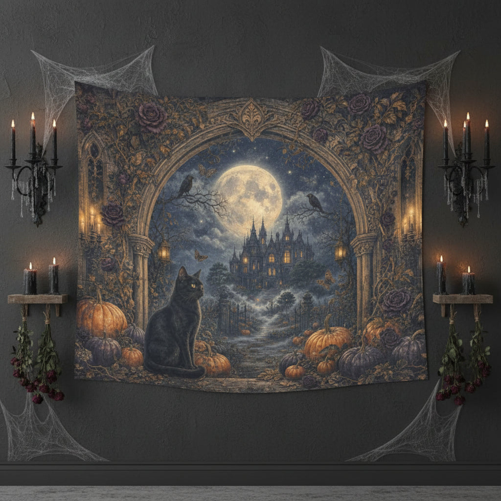 Moonlit gothic manor with black cat, pumpkins and ornate antique border on wall tapestries