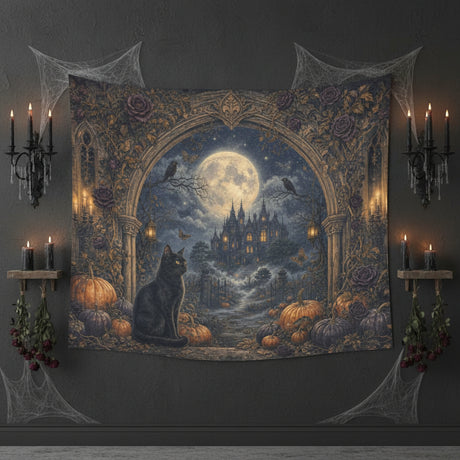 Moonlit gothic manor with black cat, pumpkins and ornate antique border on wall tapestries