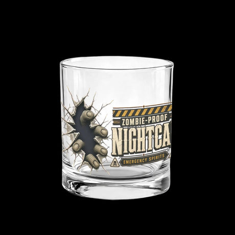 Zombie fingertips breaking through cracked glass beside a vintage nightcap label on whiskey glasses