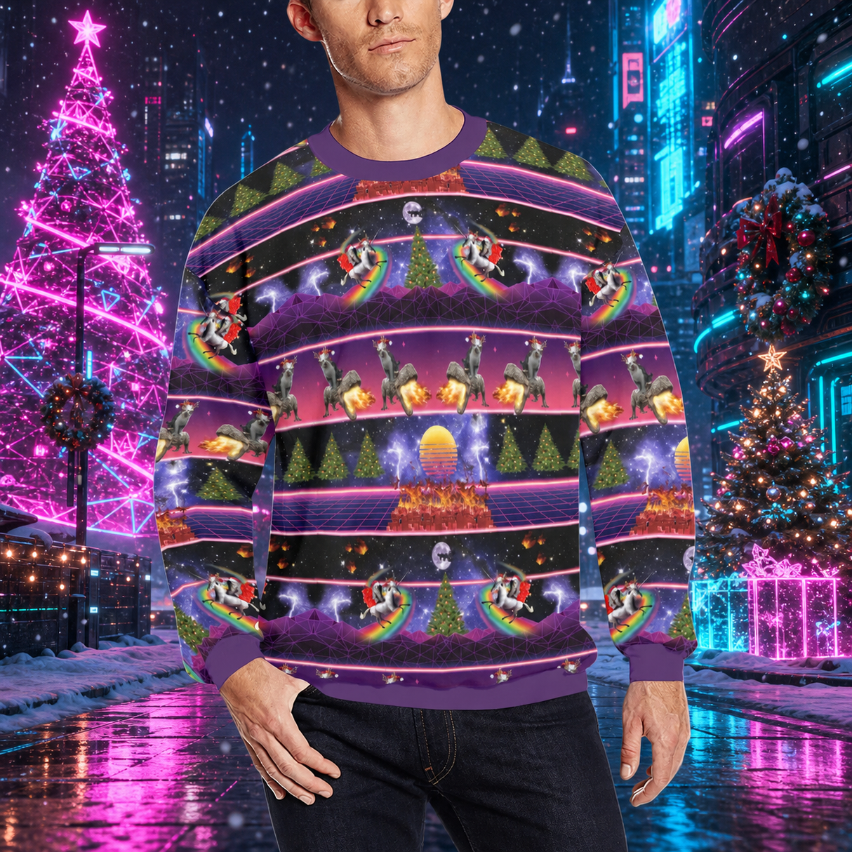 Cat Unicorn Dinosaur Ugly Christmas Sweater - cyberpunk Christmas product mockup