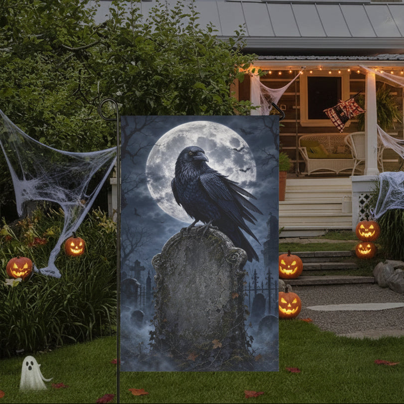 Raven perched on a moonlit cemetery tombstone on garden flags, product view 2