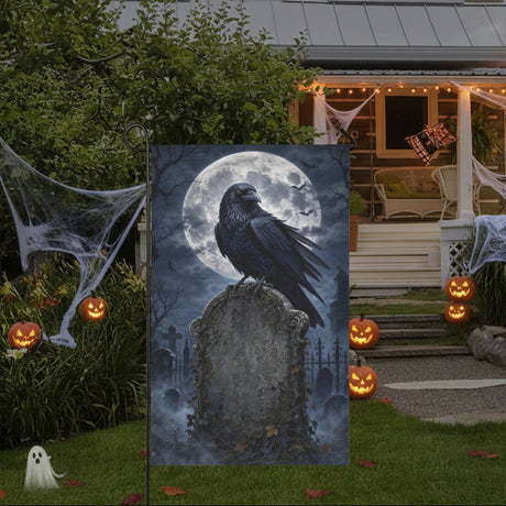 Raven perched on a moonlit cemetery tombstone on garden flags, product view 2
