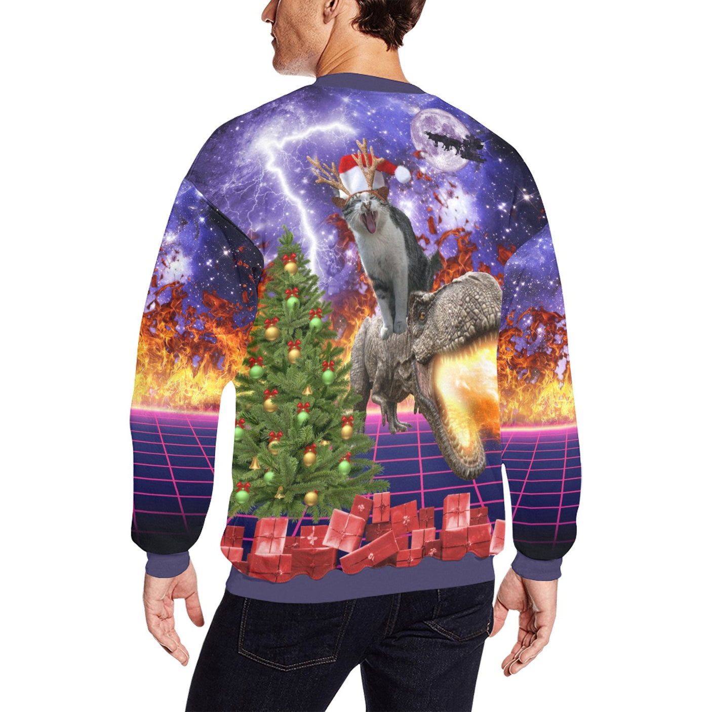 Cat Riding Dinosaur Ugly Christmas Sweater