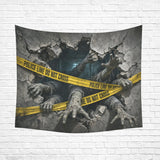 Zombie arms breaking through cracked masonry behind quarantine tape on wall tapestries, product view 4