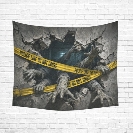 Zombie arms breaking through cracked masonry behind quarantine tape on wall tapestries, product view 4
