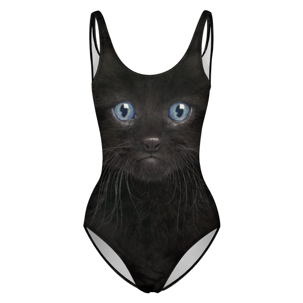 Black Kitten Face One Piece Swimsuit