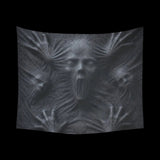 Ghostly faces and hands pressing through stretched black fabric on wall tapestries