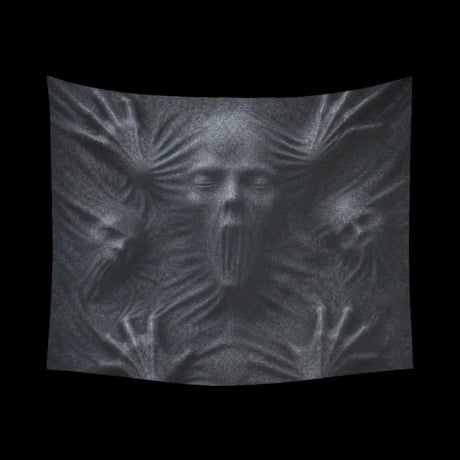Ghostly faces and hands pressing through stretched black fabric on wall tapestries