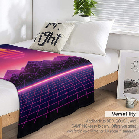 Neon Synthwave Sunset Throw Blanket – Retro Decor