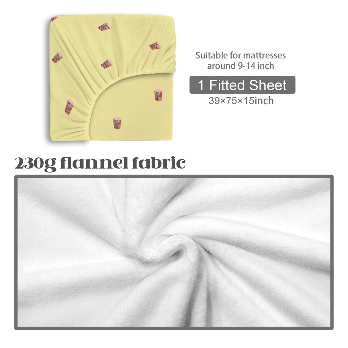 Popcorn Twin Fitted Sheet – Movie Night Bedding, 39 x 75 x 15 in