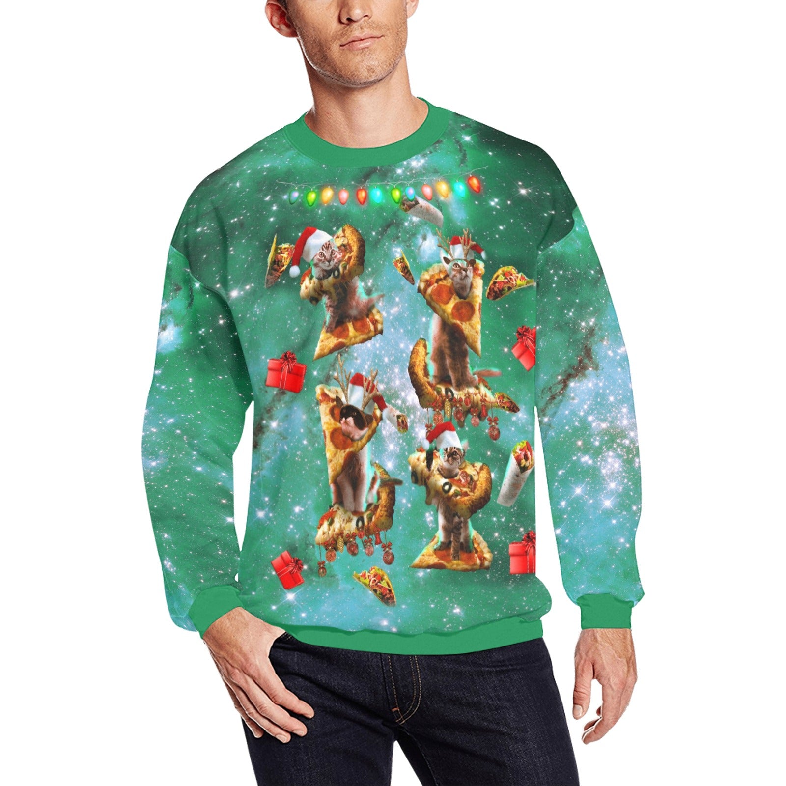 Galaxy Pizza Cat Ugly Christmas Sweater Random Galaxy