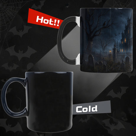Moonlit haunted house with bare trees and glowing windows on color-changing mugs, product view 4