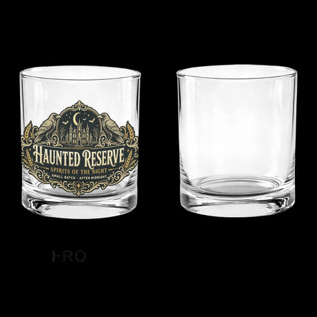 Ornate Haunted Reserve gothic spirits label on whiskey glasses, product view 5