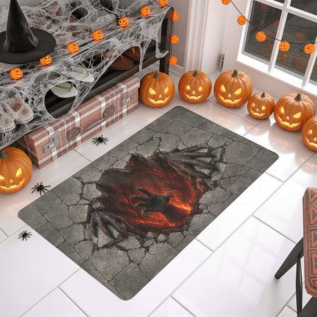 Fiery hell pit opening through cracked pavement with demonic claws on doormats