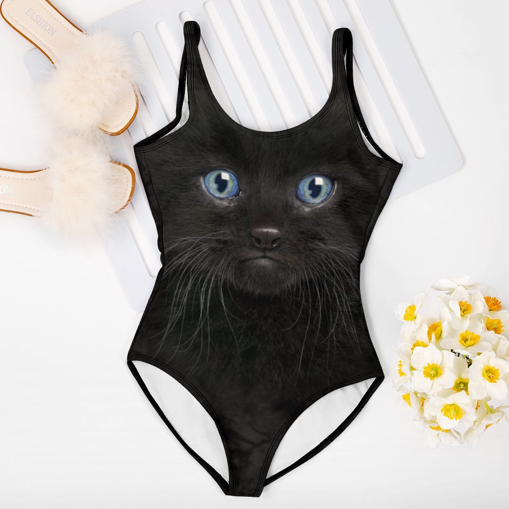 Black Kitten Face One Piece Swimsuit