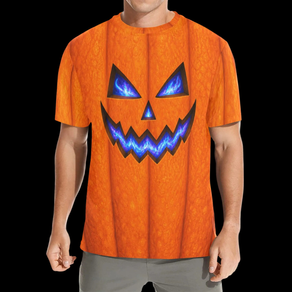 Glowing blue jack-o'-lantern face on textured orange on men's t-shirts, product view 2