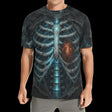 Luminous X-ray ribs and spine with blue and orange energy on men's t-shirts, product view 3