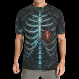 Luminous X-ray ribs and spine with blue and orange energy on men's t-shirts, product view 3