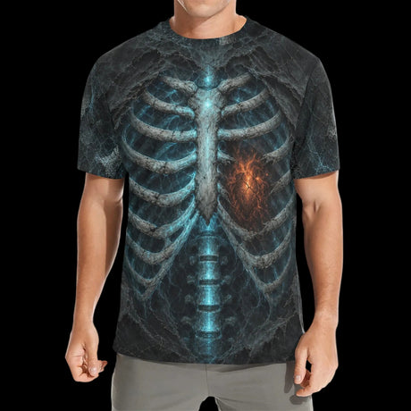 Luminous X-ray ribs and spine with blue and orange energy on men's t-shirts, product view 3