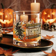 Zombie fingertips breaking through cracked glass beside a vintage nightcap label on whiskey glasses, product view 5