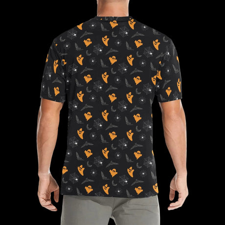 White ghosts and orange jack-o'-lanterns repeating on black on men's t-shirts, product view 2