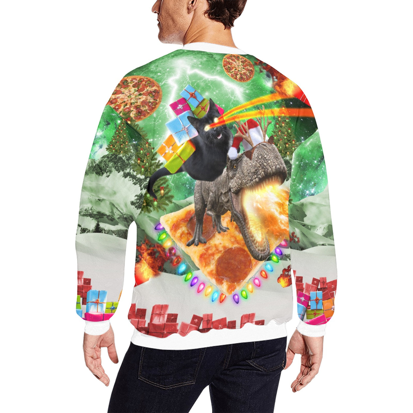 Cat Riding Dinosaur Ugly Christmas Sweater