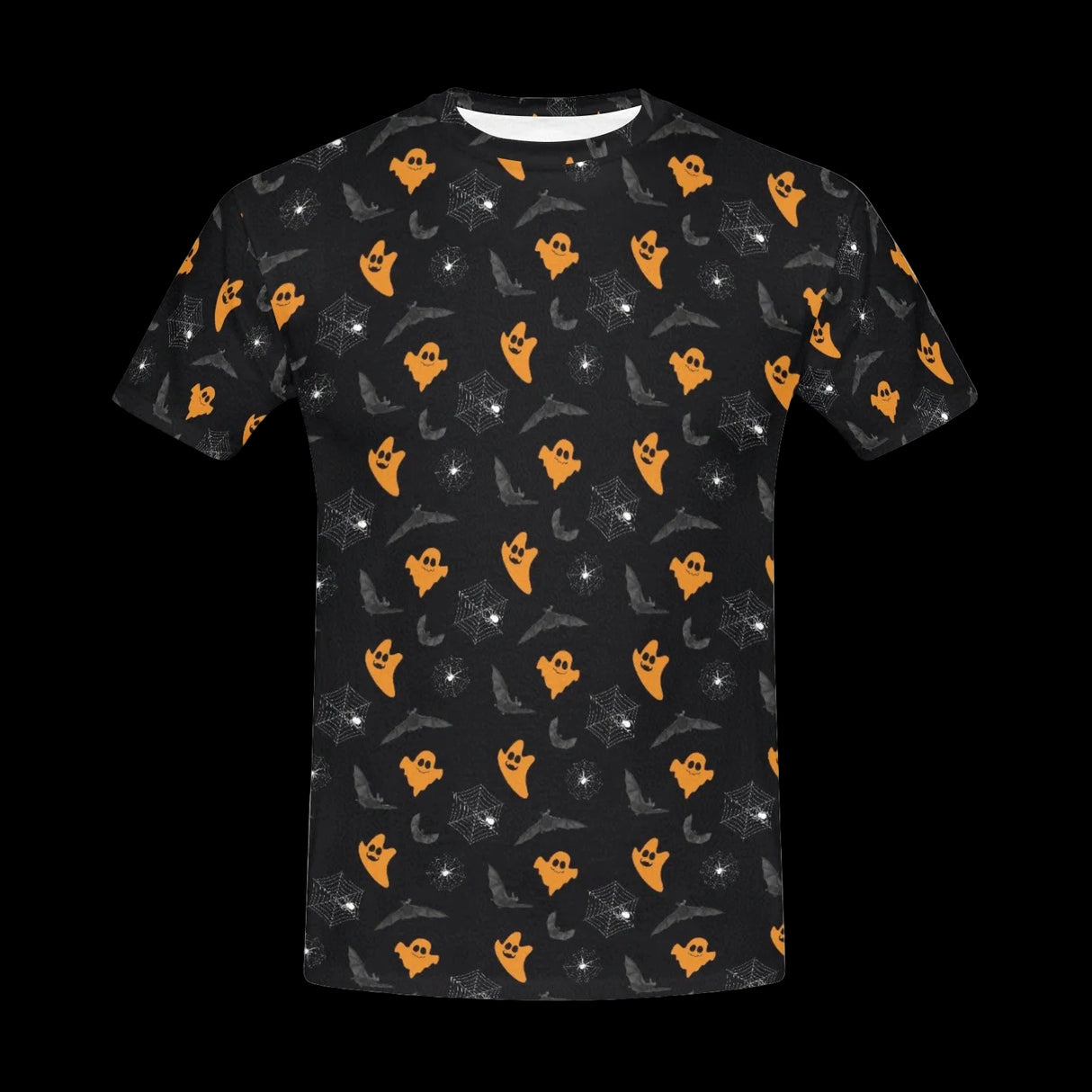 White ghosts and orange jack-o'-lanterns repeating on black on men's t-shirts
