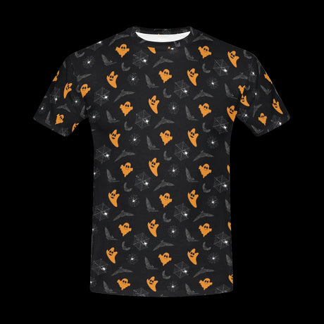 White ghosts and orange jack-o'-lanterns repeating on black on men's t-shirts