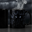 Cold and hot comparison of Eyes in the Smoke heat-reveal Halloween mug