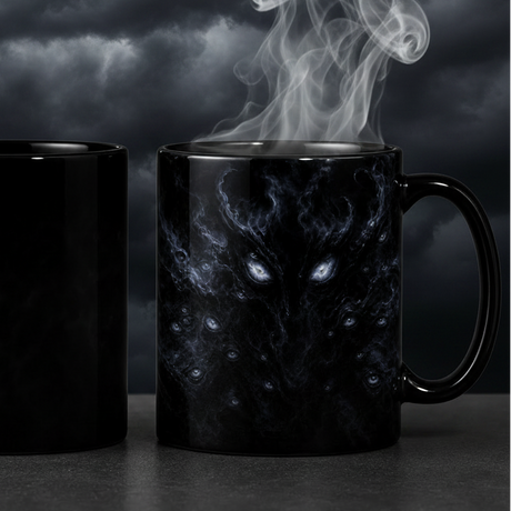 Cold and hot comparison of Eyes in the Smoke heat-reveal Halloween mug