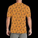 Black spider swarm on distressed pumpkin-orange fabric on men's t-shirts, product view 3