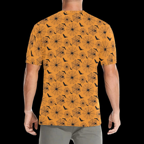 Black spider swarm on distressed pumpkin-orange fabric on men's t-shirts, product view 3