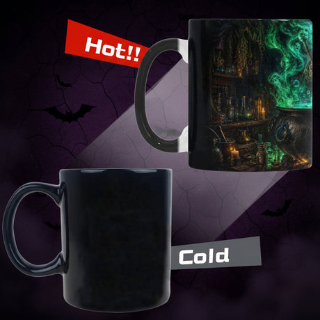 Glowing witch's cauldron and green smoke in a haunted workshop on color-changing mugs, product view 5