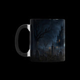 Moonlit haunted house with bare trees and glowing windows on color-changing mugs