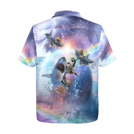 Space Cat Riding Shark Hawaiian Shirt