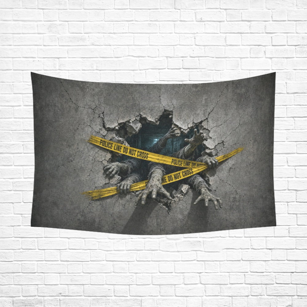 Zombie arms breaking through cracked masonry behind quarantine tape on wall tapestries