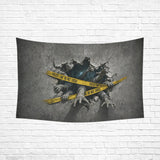 Zombie arms breaking through cracked masonry behind quarantine tape on wall tapestries