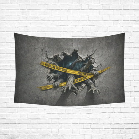 Zombie arms breaking through cracked masonry behind quarantine tape on wall tapestries