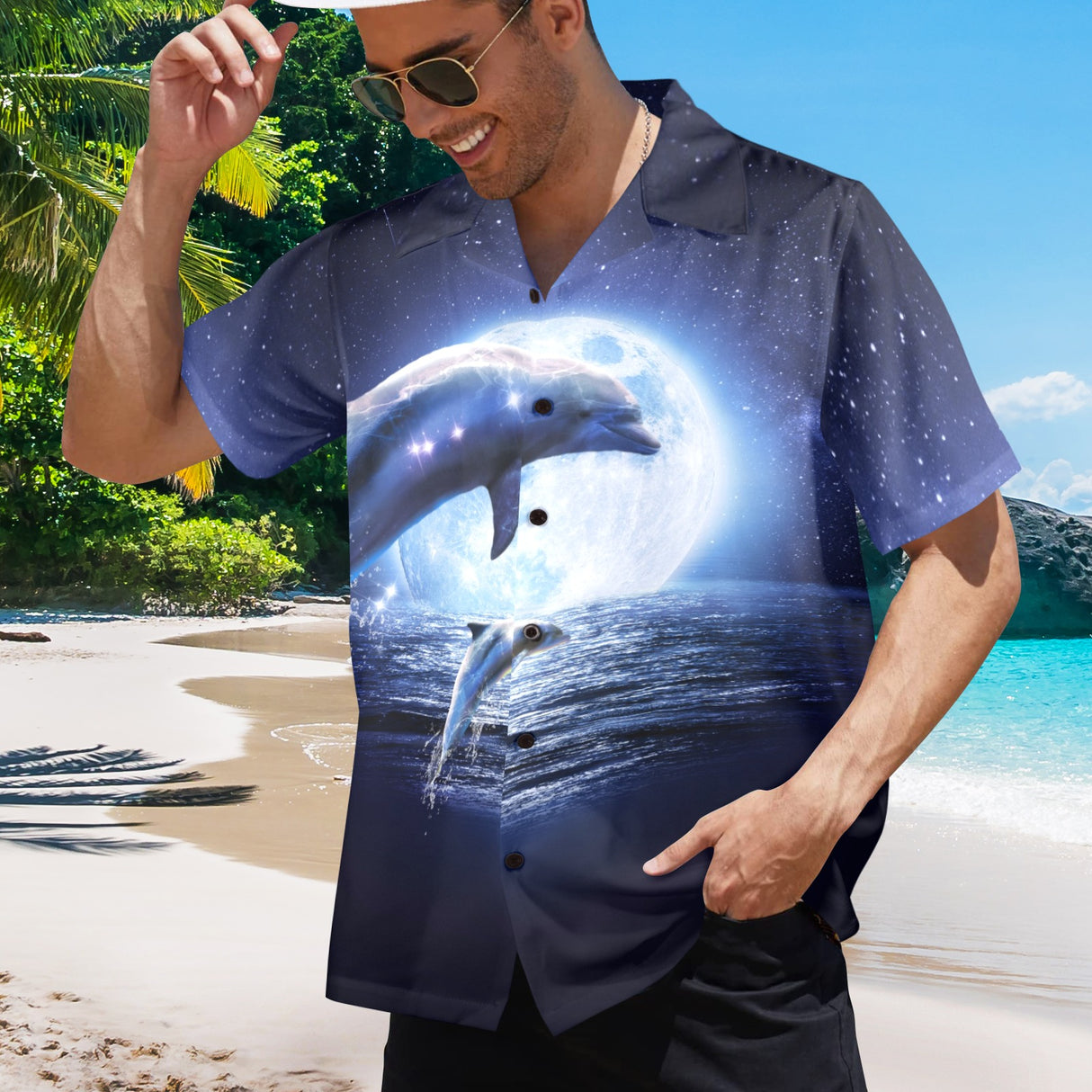 Moon Dolphin Hawaiian Shirt - Ocean Vacation Button-Up