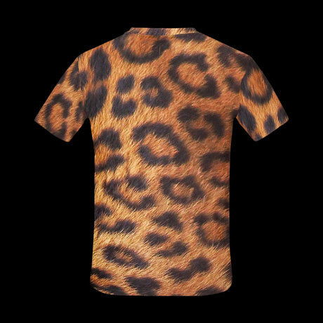Photoreal golden and black leopard fur pattern on men's t-shirts, product view 2