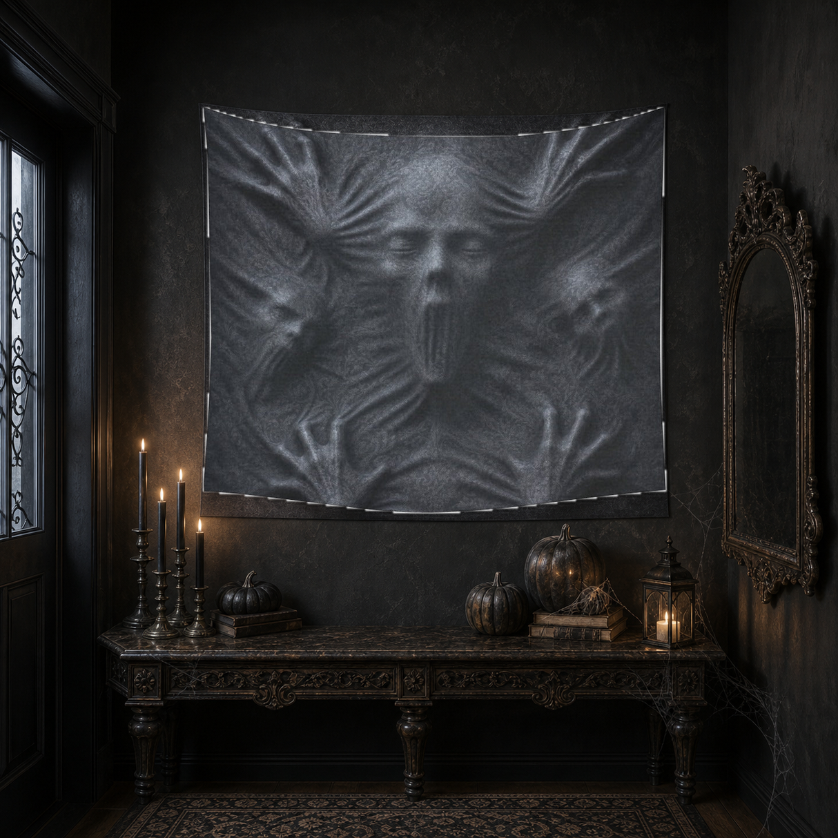 Faces Behind the Wall 60 × 51 inch Halloween tapestry in a Victorian entry hall