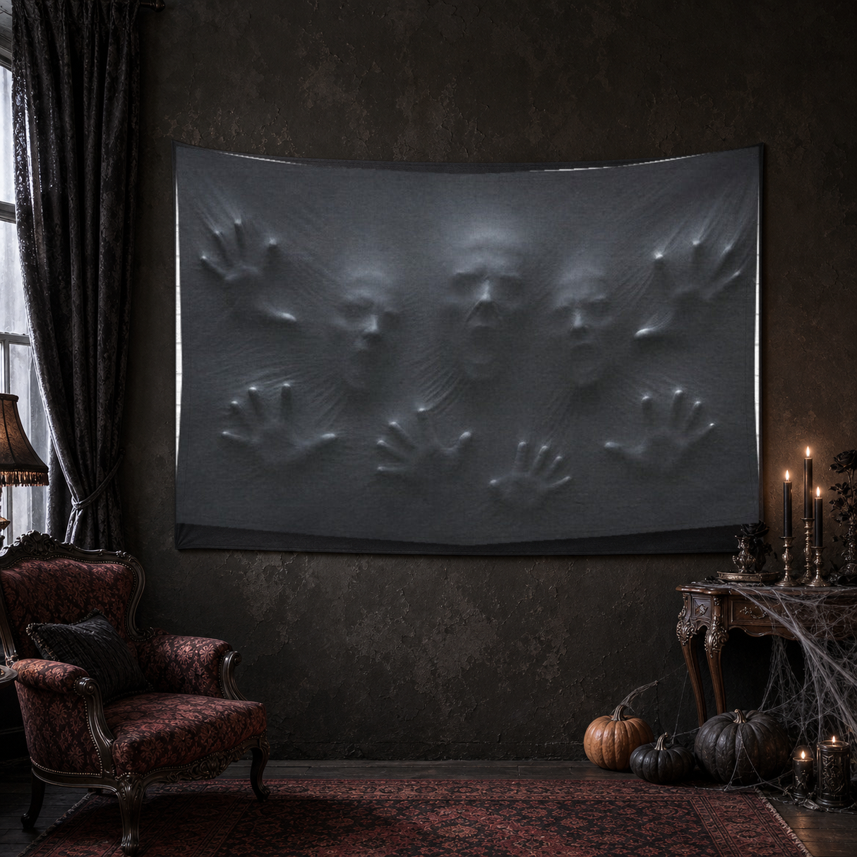 Faces Behind the Wall 90 × 60 inch Halloween tapestry in a haunted Victorian room