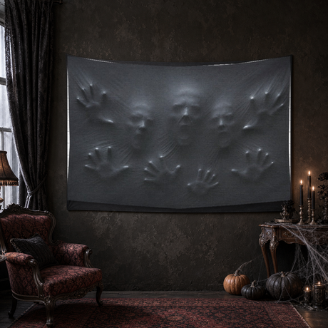 Faces Behind the Wall 90 × 60 inch Halloween tapestry in a haunted Victorian room