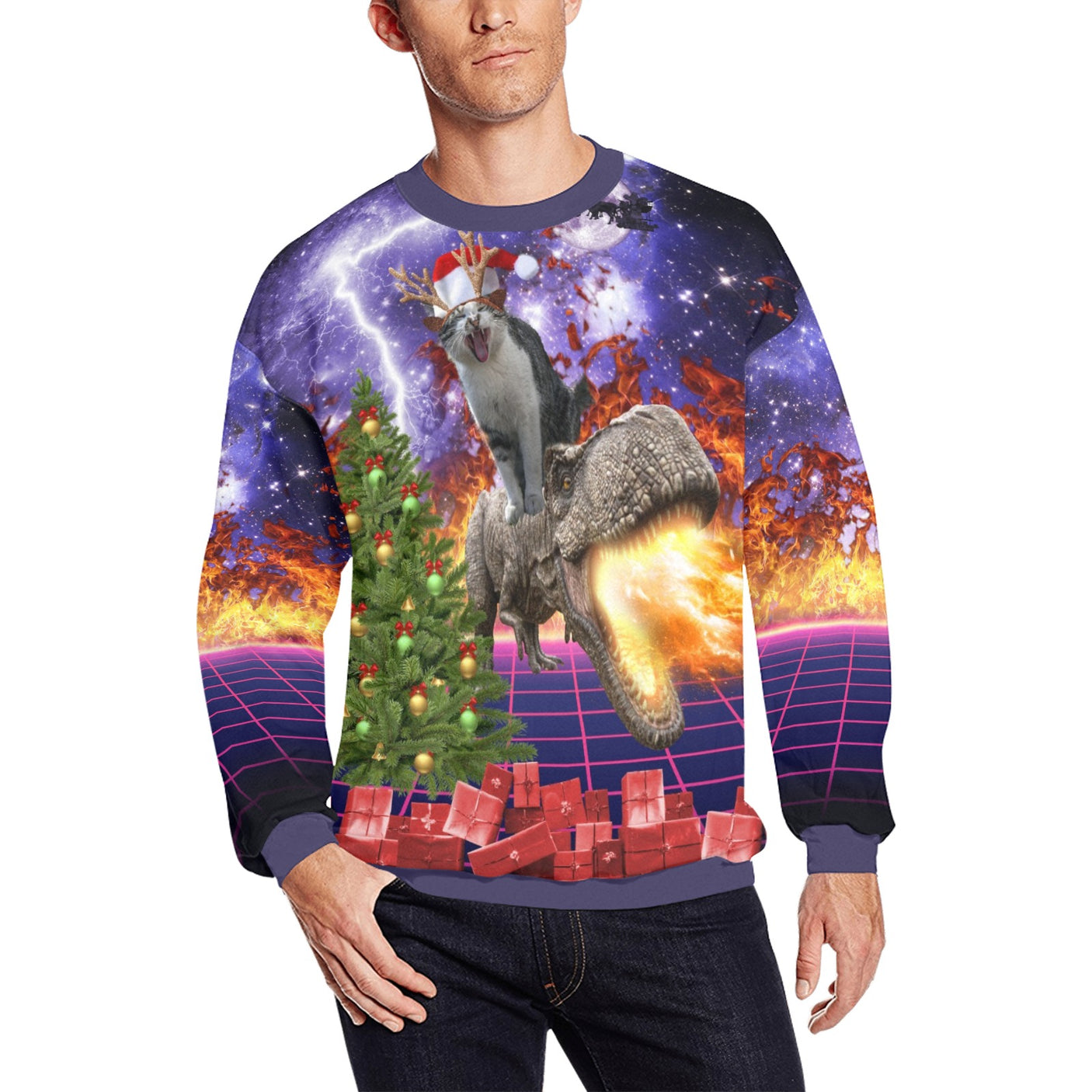 Cat Riding Dinosaur Ugly Christmas Sweater