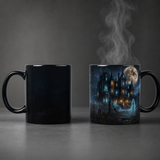 Cold and hot comparison of Haunted House heat-reveal Halloween mug