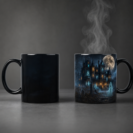 Cold and hot comparison of Haunted House heat-reveal Halloween mug