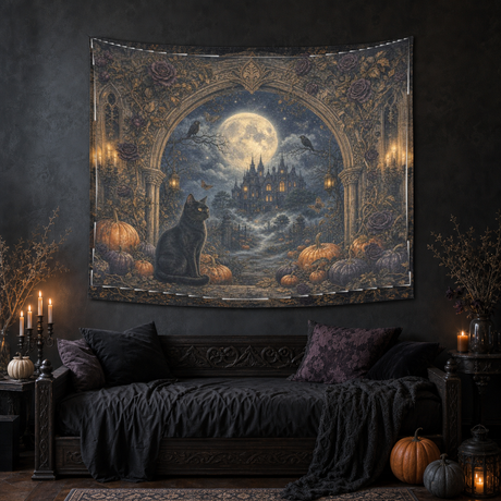 Midnight Manor 60 × 51 inch gothic Halloween tapestry above a dark daybed